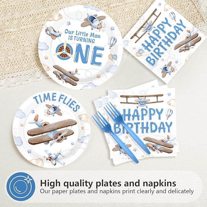 96Pcs Time Flies 1st Birthday Party Decorations Airplane 1st Birthday Plates and Napkins Sets Airplane Theme First Decorations for Boys Girls One Year Old Baby Shower Party Supplies Serves 24