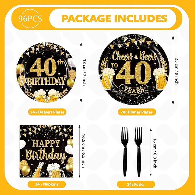 96Pcs 40th Birthday Party Supplies Black Gold Plates and Napkins Tableware Sets Cheers and Beers to 40 Years Decorations Favors for Men Women 40 Years Old Birthday Dinner Holiday Party Serves 24
