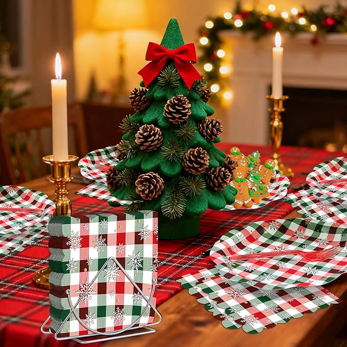 96 Pieces Christmas Plaid Tableware Set – Red and Green Checkered Disposable Plates, Napkins, and Forks with Snowflake Design for Holiday Parties, Winter Birthdays, and Seasonal Events