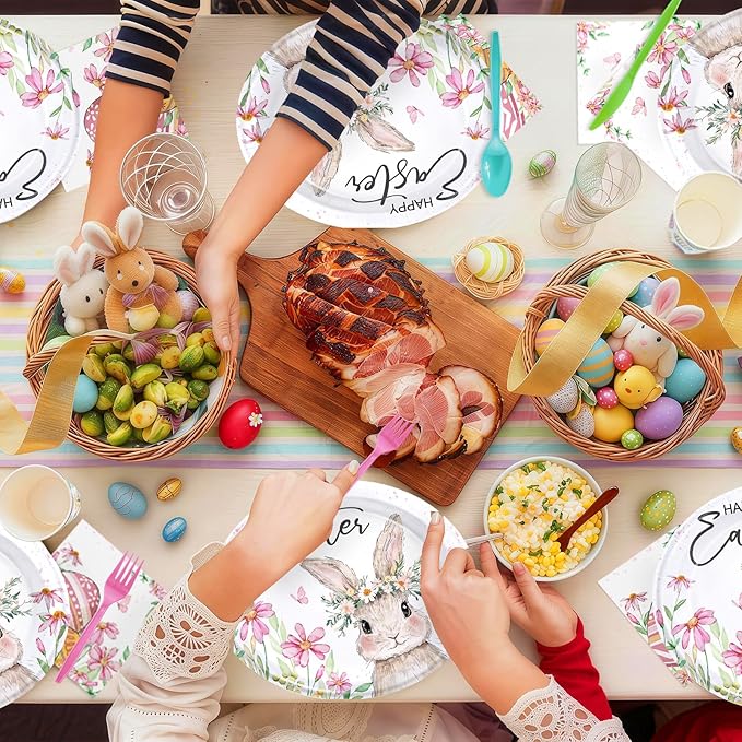 50PCS Easter Party Supplies Happy Easter Party Decorations Vintage Bunny Flower Paper Plates Napkins Cute Rabbit Wlidflower Themed tableware for Spring Holiday Picnic Serve 25
