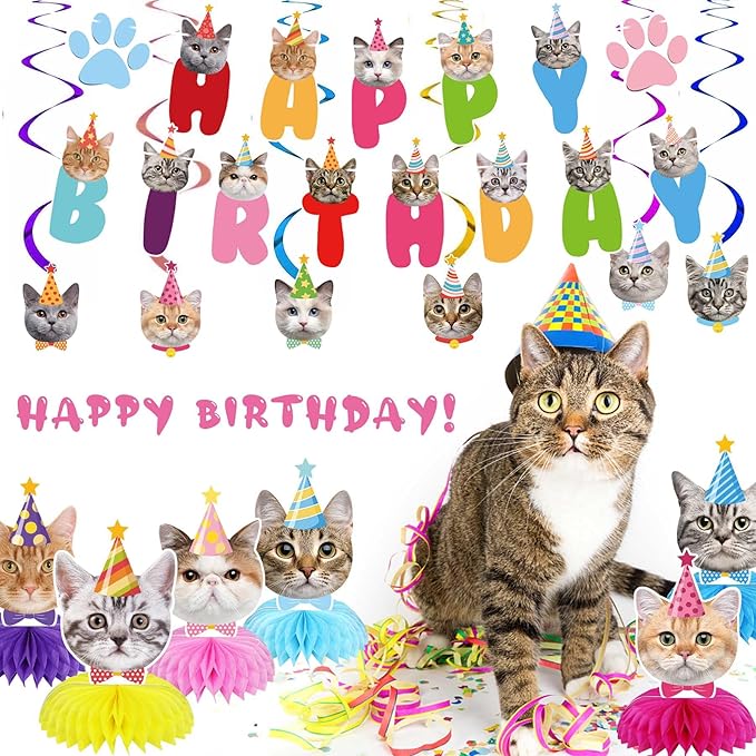 Cat Themed Birthday Decorations Cat Party Supplies, Includes 1 Birthday Banner, 6 Honeycomb Centerpieces, 6 Hanging Swirls with 6 Cutouts (Colorful Style)