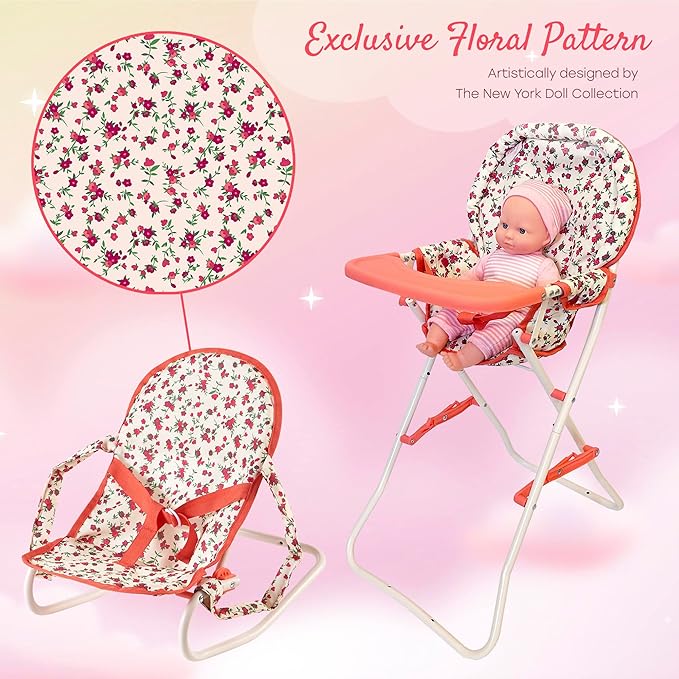 Floral Baby Doll Accessories Set, 3-1 Baby Doll Crib, Baby Doll High Chair & Bouncer Seat. 18 inch Doll Accessories with Doll Bed. 18" Dolls Furniture Play Stuff. Toys for Girls Ages 3-5,4-6,5-7,8-10