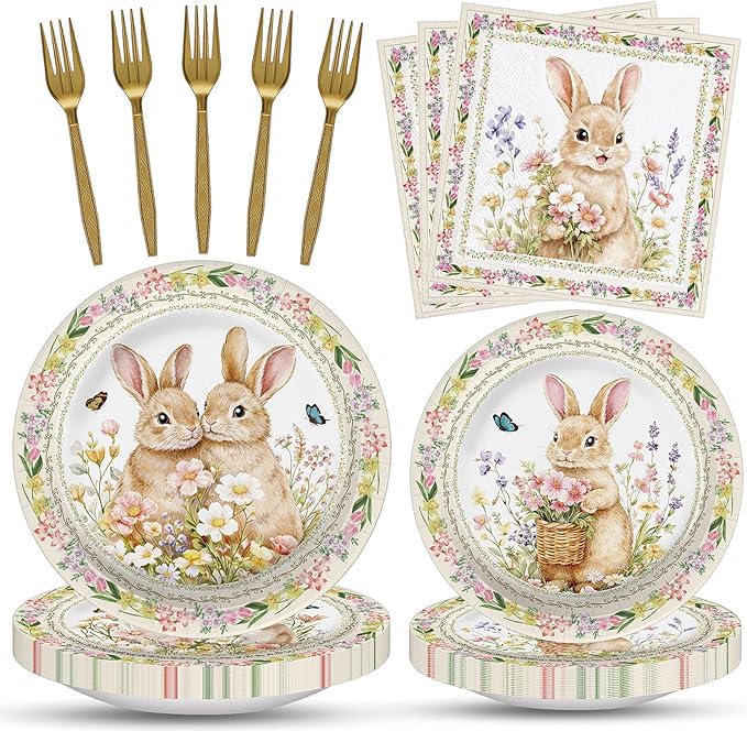 100 Pcs Easter Bunny Tableware Party Supplies, Serves 25, Disposable Vintage Floral Bunny Paper Plates, Napkins, and Gold Forks, Spring Dinner, Birthday, Easter Day Brunch Party Decorations