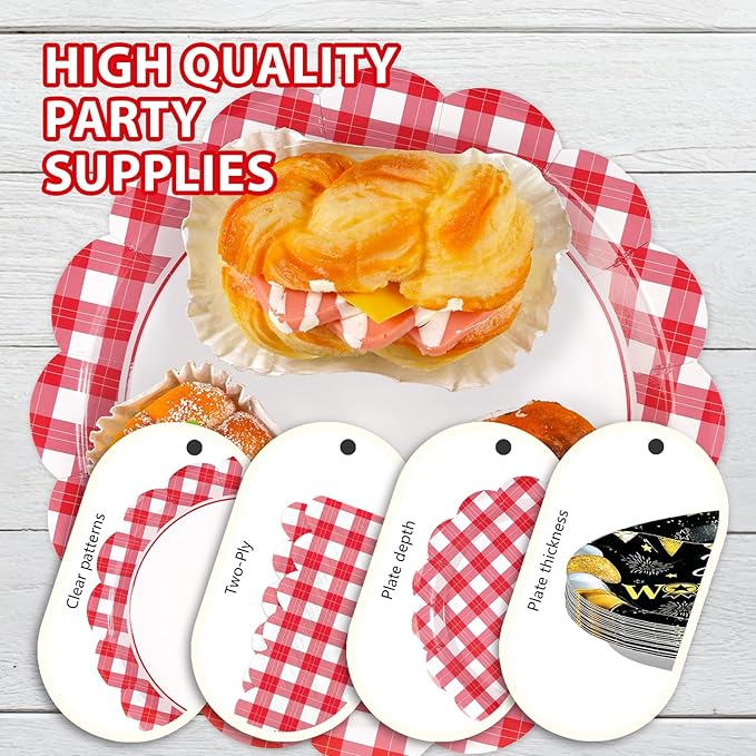 168 Pcs Red and White Gingham Party Supplies Red and White Plaid Checkered Scalloped Party Plates and Cups and Napkins Sets for Wedding, Bridal&Baby Shower, Birthday, Picnic Party Supplies Serves 24