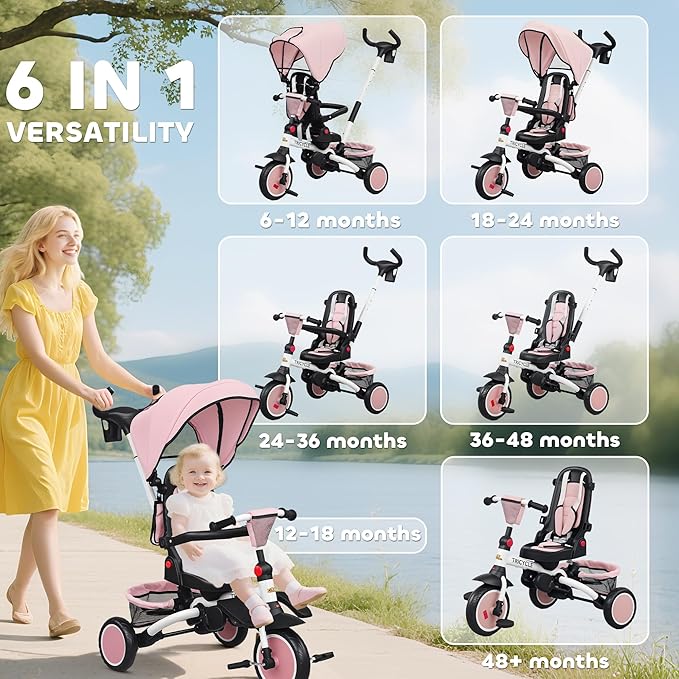 Qaba Kids Tricycle, 6 in 1 Foldable Baby Trike with Adjustable Push Handle, Tricycle Stroller with Removable Canopy, Reversible Seat, Safety Harness, Detachable Guardrail, Storage for 1-5 Years, Pink