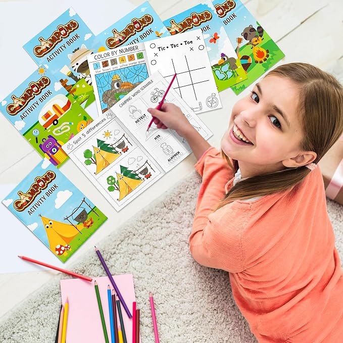 24Pcs Travel Camping Activity Books - Happy Camper Mini Fun Games Coloring Book Bulk Party Favors Goodie Bags Stuffers for Birthday Classroom School Students Rewards Supplies