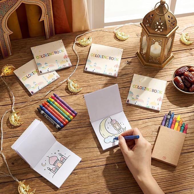 30 Sets Eid Gifts 24 Pages Mini Ramadan Coloring Books with 8 Colors Crayons Bulk Eid Mubarak Activity Party Favors Goodie Bag Fillers Stuffers DIY Craft