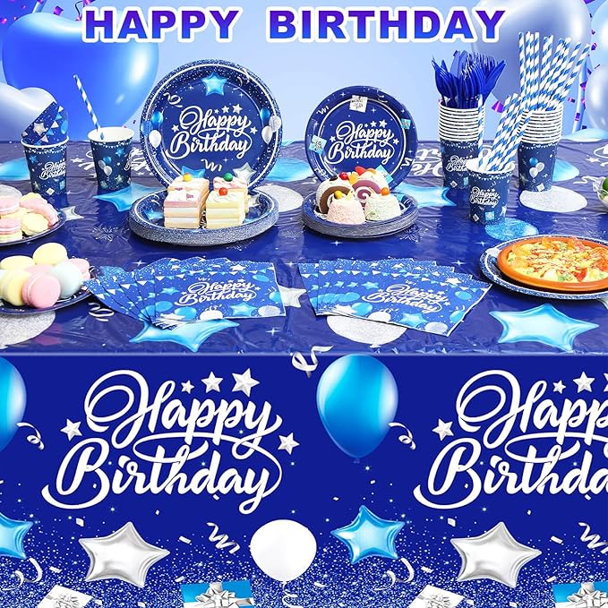 Norme 176 Pcs Navy Blue and Silver Birthday Tableware Set Birthday Decoration Includes Tablecloth Paper Plates Napkins Paper Cups Forks Knifes and Straws for 25 Guests Party Supplies (Classic)