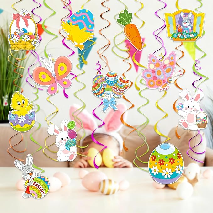 Hanging Easter Decorations Swirls 30pcs, Easter Egg Bunny Ceiling Hanging Party Streamers, Foil Easter Party Decor Supplies for Home Office School, Dangling Spinners Easter Party Ceiling Decor