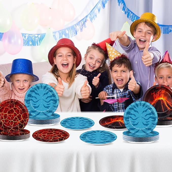 48PCS Fire Party Decorations 7" Volcano Paper Plates Volcano Hot Lava Birthday Supplies Cartoon Dessert Tableware Set Ocean Patterns Printed Disposable Plates for Kids Baby Shower Birthday Party Favor