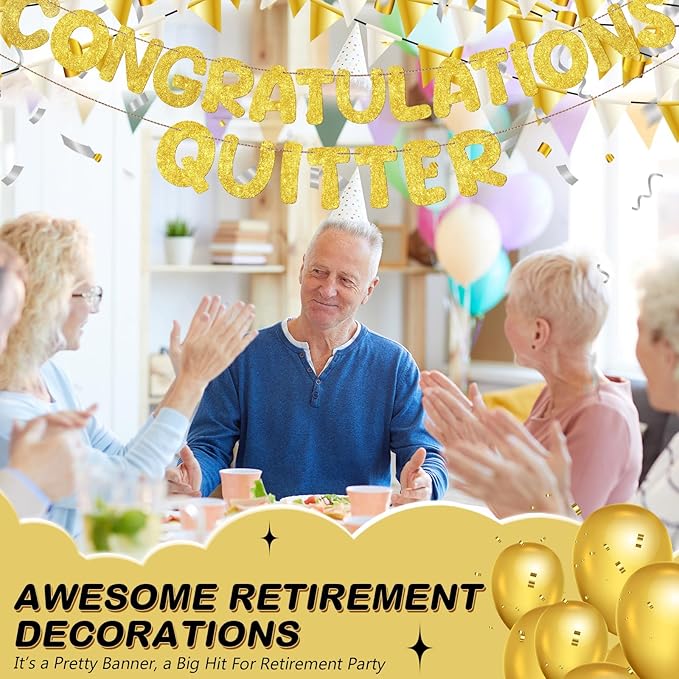Fulmoon Pre Strung Congratulations Quitter Glitter Banner Funny Retirement Banner Graduation Party Decorations Going Away Supplies Garland for Men Women Gifts, No DIY(Gold)
