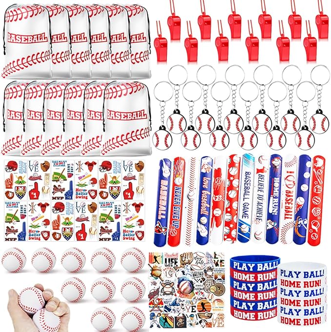 134 PCS Baseball Party Favors, 12 Set Goodie Bag, Mini Stress Balls, Baseball Stickers, Rubber Bracelets, Keychain, Tattoo Stickers, Slap Bracelets, Whistle for Baseball Themed Party Supplies
