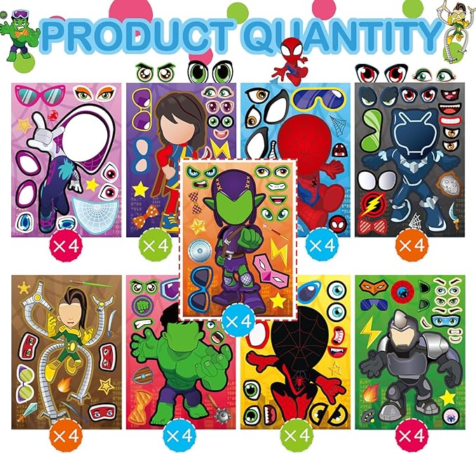 Cute Superhero Stickers for Teen, 36 Sheets, Make Your Own Movie Theme, Make a Face Stickers for Teens Girls Boys, Classroom Rewards Party Supplies
