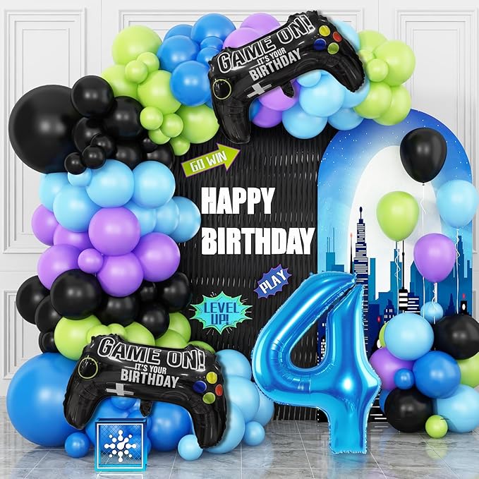 4th Birthday Video Game Balloons Arch, 4th Game Party Balloons Garland Kit 4th Game Birthday Supplies with Blue Number 4 Balloon for 4 Year Old Teens Boys Birthday Decor