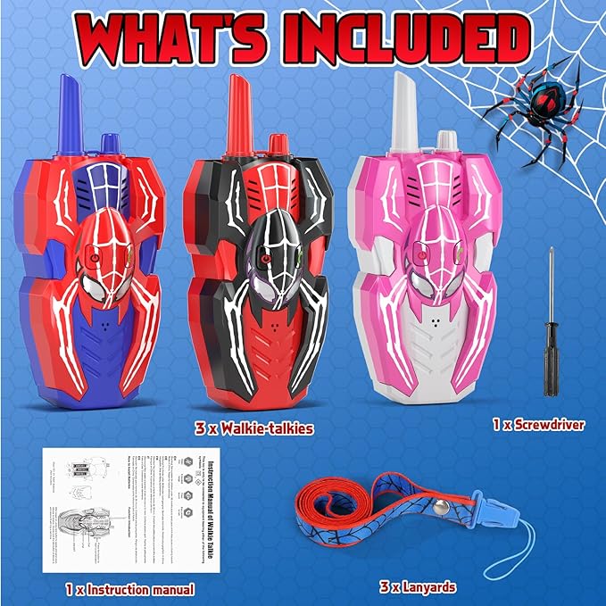 3 Pack Walkie Talkies for Kids, Spider Toys 2 Pack Outdoor 2 Way Radio Toy Gifts Camping Brithday Gift Walkie Talkies for 3 4 5 6 7 8 9 10 Year Old Boys