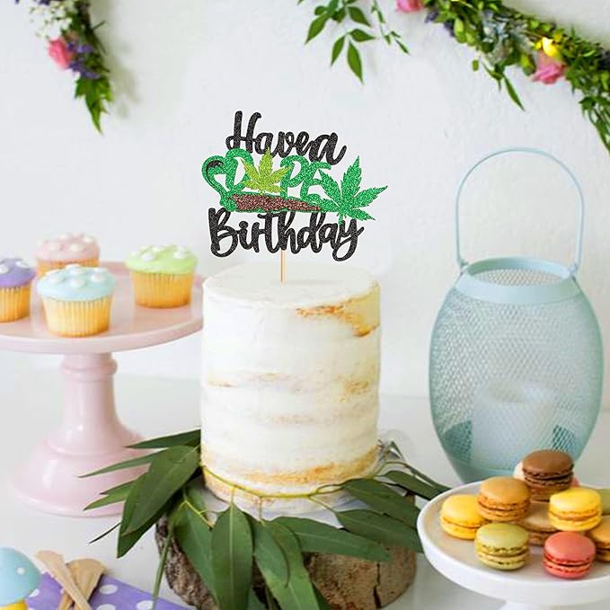 Ercadio 1 Pack Have a Dope Birthday Cake Topper Green Glitter Pot Leaf Weed Leaves Happy Birthday Cake Decor Marijuana Man Women Birthday Party Supplies
