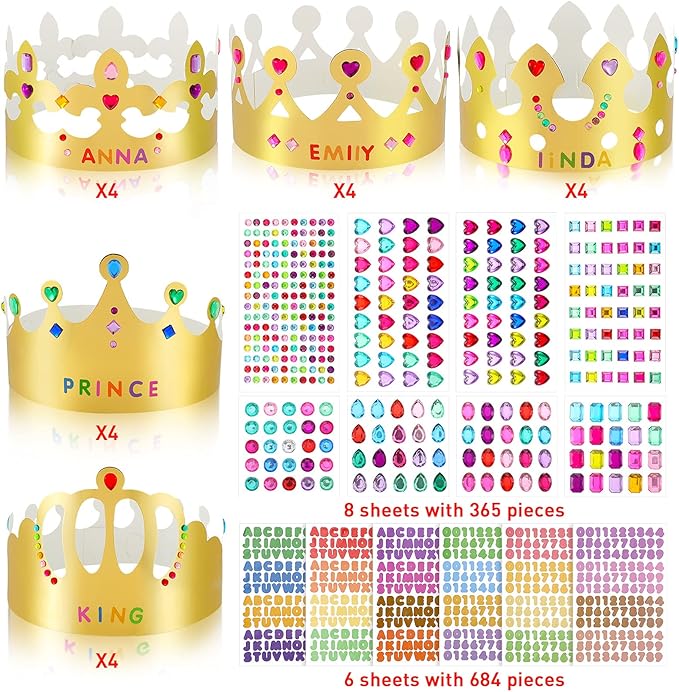 Paper Princess Prince Crowns for Kids Birthday Party Hats Gold for Boys Girls DIY Crown Supplies (Classic Style,34 Pieces)