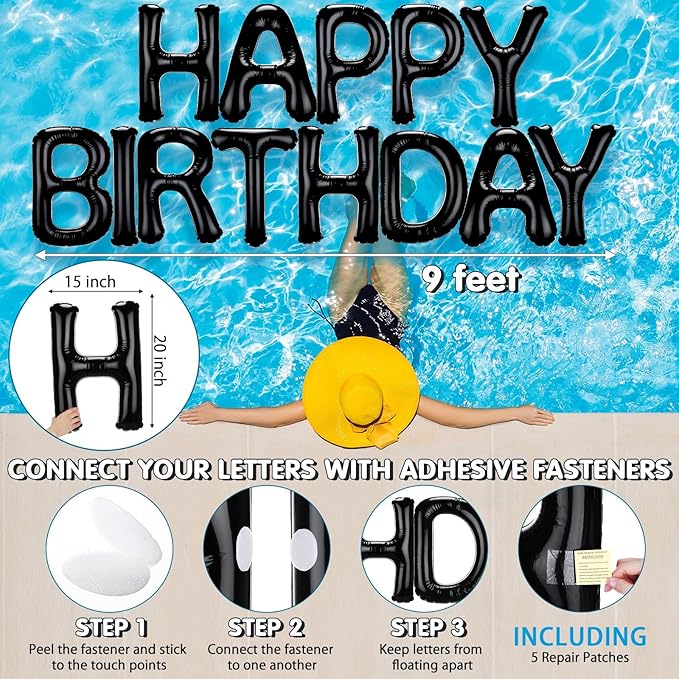 Shappy 20'' Happy Birthday Pool Large Floating Letter Balloons with Adhesive Dots Inflatable Pool Decorations for Summer Birthday Party