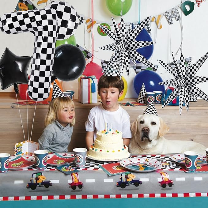 TONIFUL 40 Inch Checkered 7th Birthday Balloons Set Number 7 Race Car Black White Checkered Round Explosion Star Balloons Boys Race Car Themed Birthday Party Decoraction