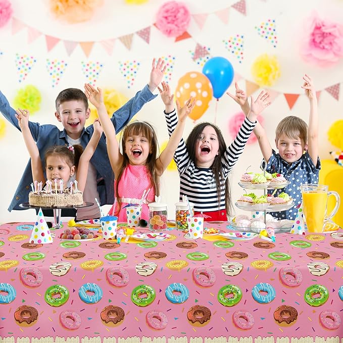 4 Pack Donut Party Tablecloth Sprinkle Donut Theme Party Decorations Pink Ice Cream Table Cloth Doughnut Table Covers for Baby Shower Afternoon Tea Ice Cream Birthday Supplies 51 x 86 in