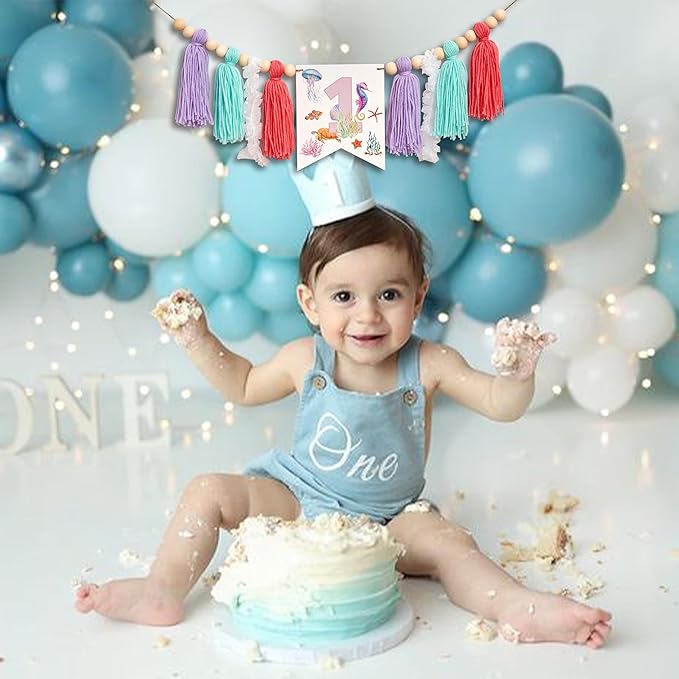 Gostman Oneder The Sea High Chair Banner - Under The Sea Themed First Birthday Party Decorations,1st Birthday Party Decor For Baby Girls (mermaid banner)