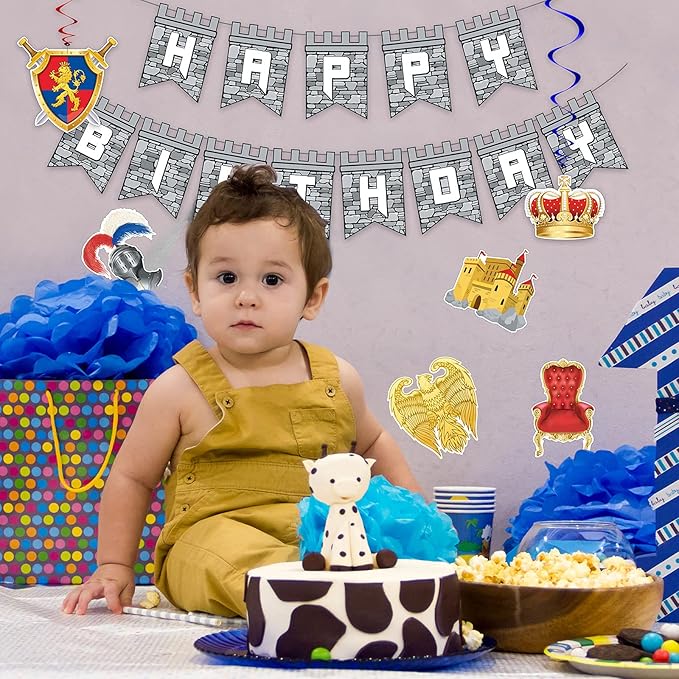 25 Pieces Medieval Birthday Banner Castle Party Supplies Knight Birthday Decorations Medieval Whirls Hanging Decorations Stone Wall Shield Armour Shield for Party Supplies