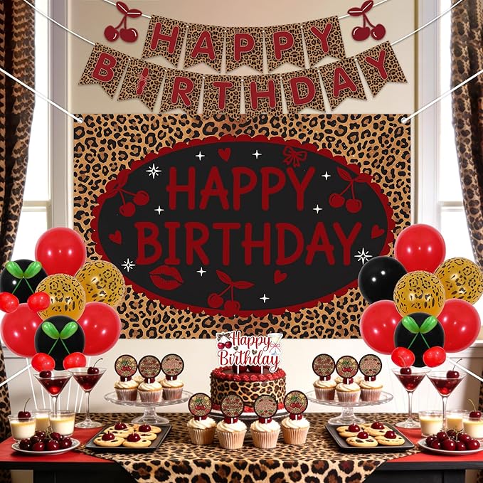 Cheereveal Cheetah Cherry Birthday Party Decorations Kit, Happy Birthday Leopard Backdrop Banner, Cherry Cake Topper Cupcake Picks, Safari Red Black Leopard Print Balloons for Girls Women Bachelorette