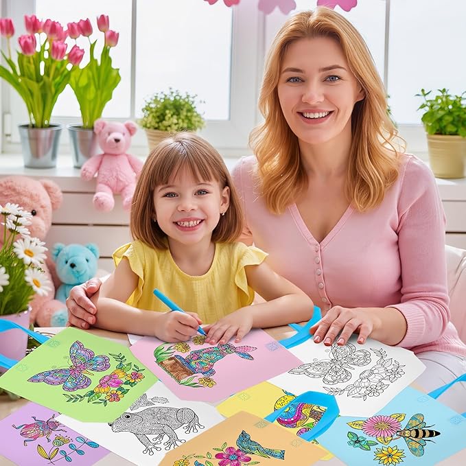 Spring Coloring Goodie Bags for Kids - 24Pcs Mandala Theme Bulk Color Your Own Gift Bags with Handle Butterfly Bunny Reusable Non Woven Coloring Tote Packet for DIY Painting Spring Easter Holiday Gift