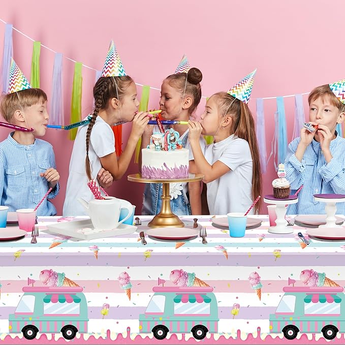 3 Pack Ice Cream Truck Tablecloth Party Decorations, Ice Cream Birthday Plastic Table Cloth Party Supplies, Disposable Rectangle Table Cover for Kids Sweet One Birthday Baby Shower, 54 x 108 Inch