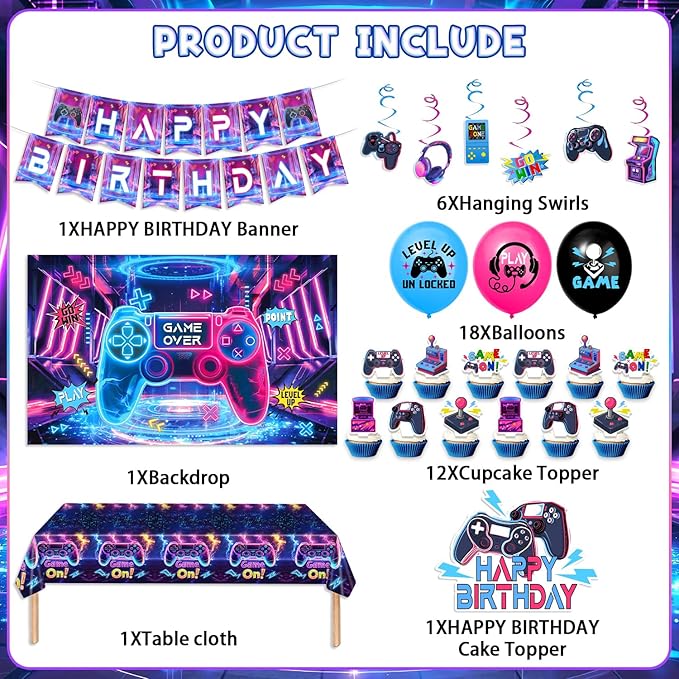 45Pcs Gamer Birthday Party Decorations - Gaming Party Supplies with Backdrop, Banner, Tablecloth, Balloons, Swirls & Cake Toppers for Video Game Theme, Colorful