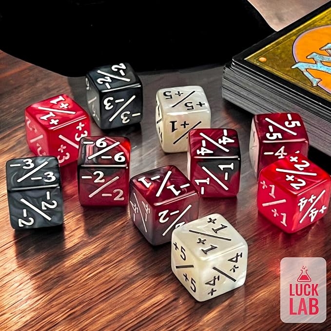 Luck Lab MTG Magic Life Counter Dice, 48 PCS - Compatible w/Magic Card Game Accessories, CCG Creature Stats w/ 2 Dice Bags (Red Pearl, Red Swirl, White Pearl, Black Pearl), 16 mm