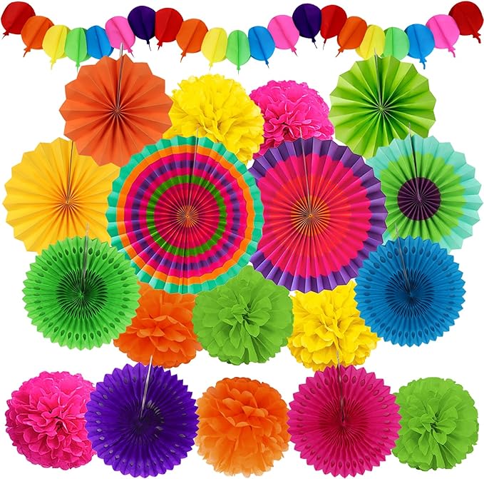 Fiesta Party Decorations, Multicolored Paper Pompoms Fan Garlands for Mexican Party Cinco De Mayo Luau Event Birthday Holi Decorations Colorful Rainbow Party Supplies