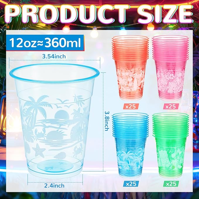 Remerry 100 Pack 12 oz Neon Hawaiian Luau Glowing Cups Disposable Glowing in The Dark Cups Luau Party Decorations for Hawaiian Beach Theme Birthday Summer Supplies