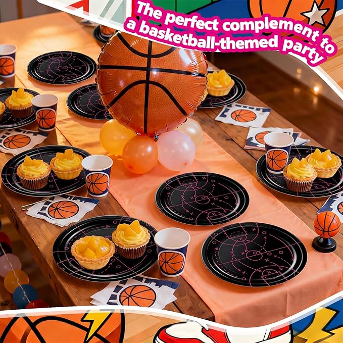 Qinyoung 100 Pcs Basketball Paper Plates 9" Disposable Birthday Party Plates Dinner Dessert Tableware Supplies for Basketball Sports Themed Birthday Game Day Party Decorations, Serves 50(Black,Pink)