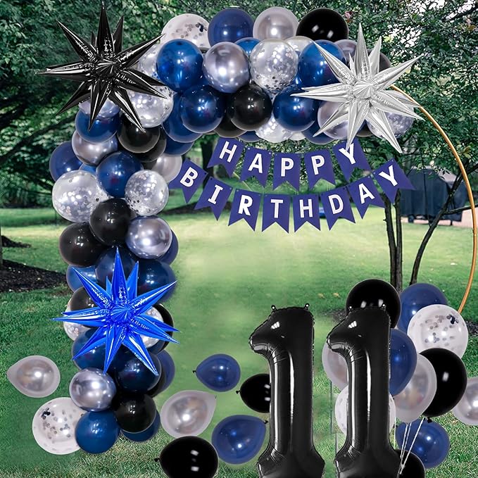 11th Birthday Decorations for Boys and Girls Dark Blue, 11 Year Old Birthday Decorations with HAPPY BIRTHDAY Banner Number 11 Balloon Tablecloth Foil Star Balloons Garland Arch Kit Party Supplies