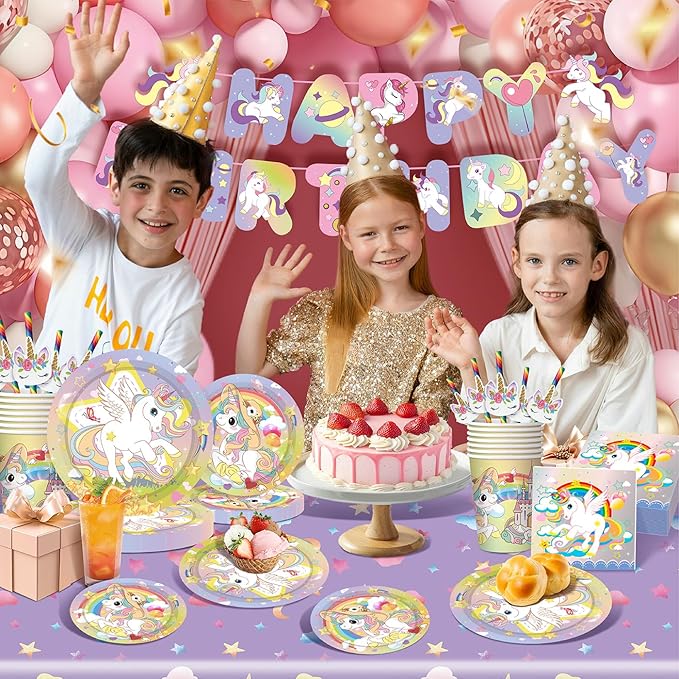 146Pcs Unicorn Plates and Napkins Party Supplies Includes Plates, Napkin, Fork, Cup, Straw, Tablecloth, Banner for Unicorn Baby Shower Birthday Party Decorations, Serves 24
