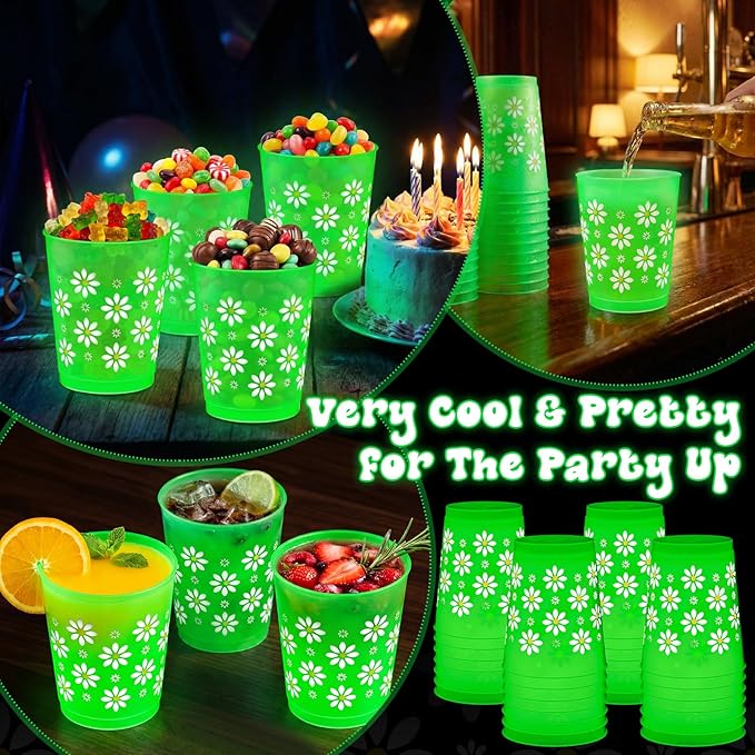 24 Pcs Daisy Flower Party Cup Glow in The Dark Cups 12 oz Reusable Frosted Cup Bulk Green Plastic Tumbler with Daisy Pattern for Easter Spring Summer Birthday Baby Shower Decoration