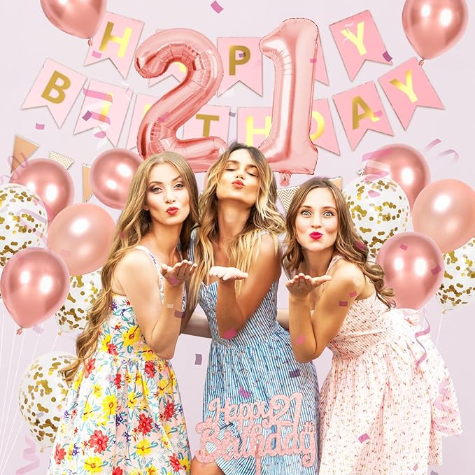 Rose Gold 21st Birthday Decorations, Happy Birthday Party Decorations With 21 Number Balloons Metallic Pearl Gold Rose Balloons Banner Fringe Curtain Cake Topper For Girl Women 21st Party Supplies
