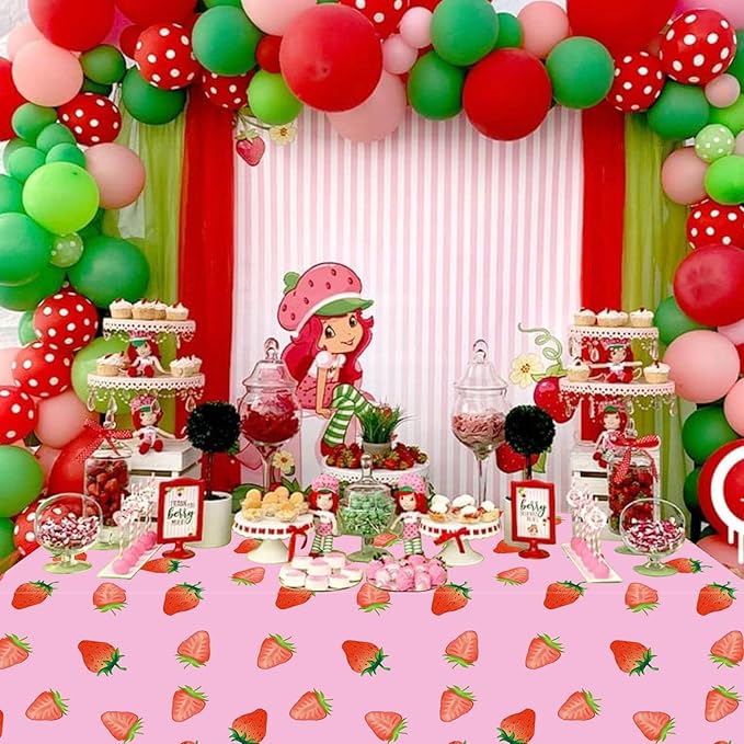 PHOGARY 2 PCS Strawberry Tablecloth for Strawberry Party Decorations, Disposable Plastic Rectangle Berry First Birthday Table Cloth for Kids Girls Berry Birthday Decorations Baby Shower 54"X108"