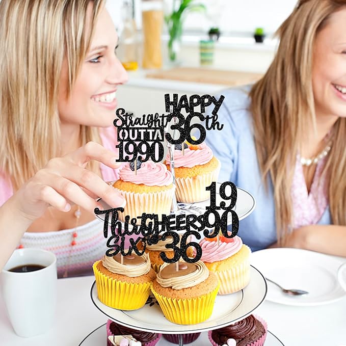 30PCS Black 36th Birthday Cupcake Toppers Glitter Thirty Six Happy 36th Straight Outta 1990 Cupcake Picks for Cheers to 36 Years Birthday Wedding Anniversary Party Cake Decorations Supplies