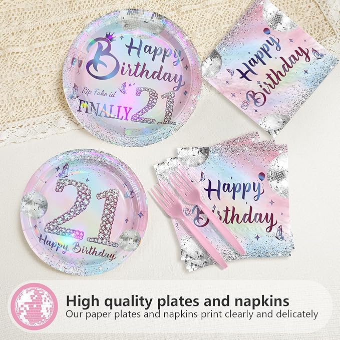96Pcs 21st Birthday Party Decorations for Girls Plates and Napkins Iridescence Silver Pink 21st Tableware for Girls The Twenty-First Birthday Party Decorations Serve 24