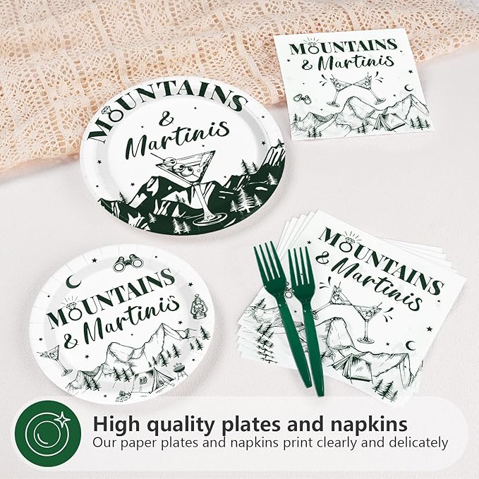 96Pcs Camp Bachelorette Decorations Green Tiny Bit Bridal Shower Plates and Napkins Mountains and Martinis Tableware Set for Camp Cocktail Wedding Engagement Bachelorette Party Supplies, Serves 24
