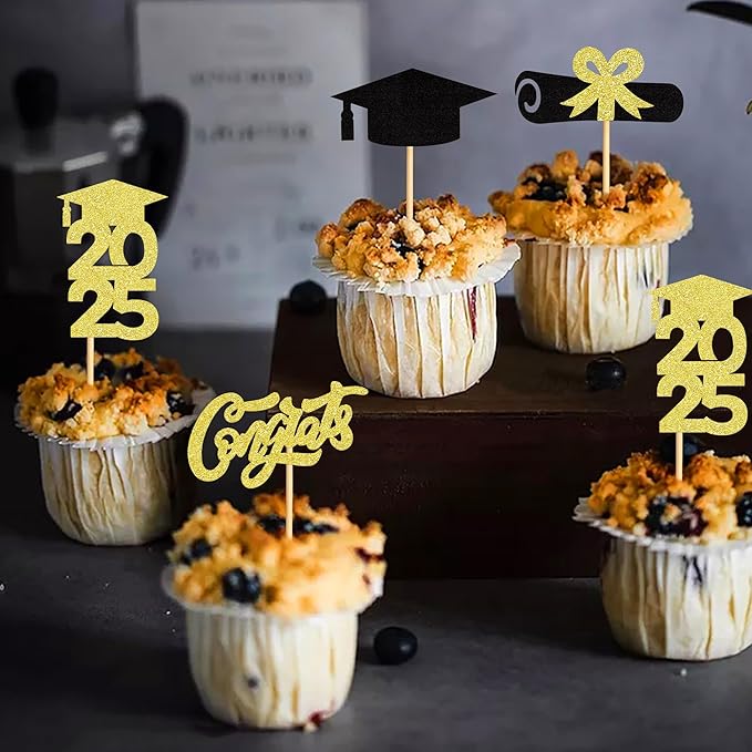 24Pcs 2025 Grad Cap Graduation Cupcake Toppers,Congrats Graduate Graduate Cap Food/Appetizer Picks For Graduation Party Mini Cake Decorations Black Gold Glitter