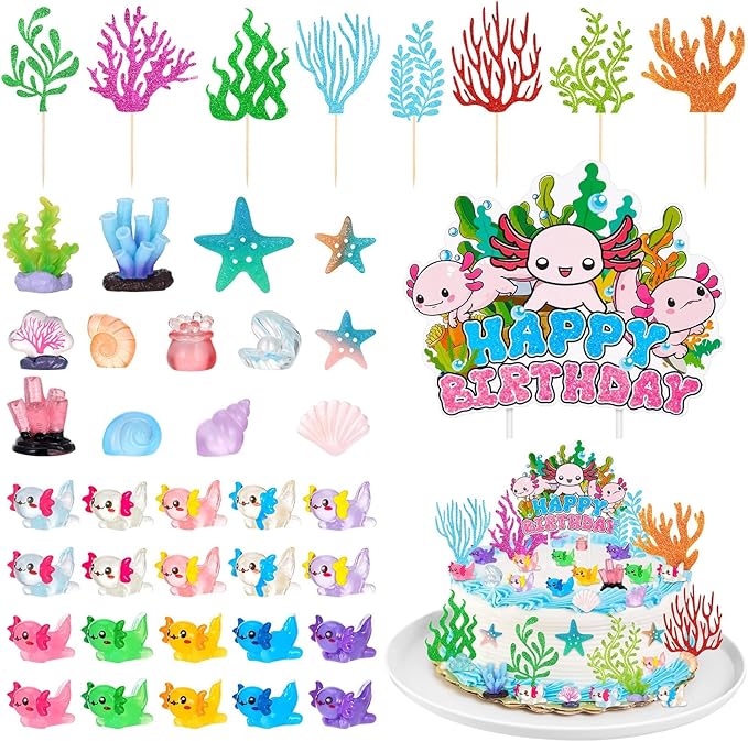 42 Pcs Axolotl Cake Topper Accessories Include 1 Happy Birthday Cake Topper 8 Artificial Seagrass 33 Axolotl Miniature Figures Ocean Decorations for Baby Shower Birthday Party Supplies