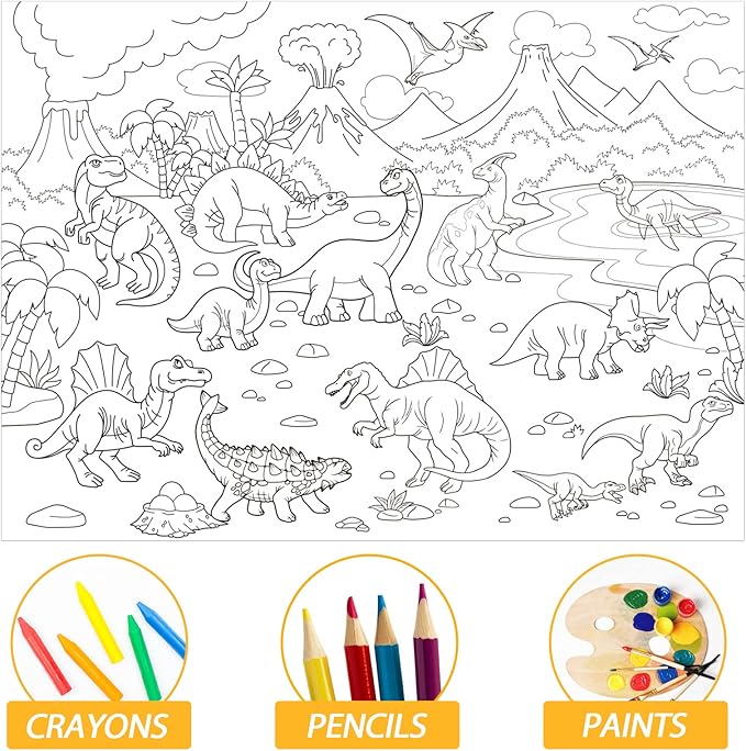 Dinosaur Giant Coloring Poster for Kids Large Coloring Tablecloth Drawing Roll Paper Books Sheets Page Huge Table Cover Art Crafts for Wall Classroom Home Gift Birthday Party Supplies Decoration