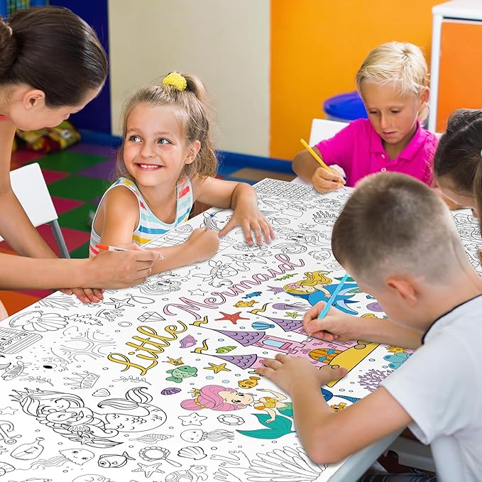 Mermaid Giant Coloring Poster for Kids 30 x 72 Inch, Large Coloring Poster Sheets Tablecloth, Mermaid Themed Color-in Activities Games for Kids School Classroom Home Party Supplies Decorations