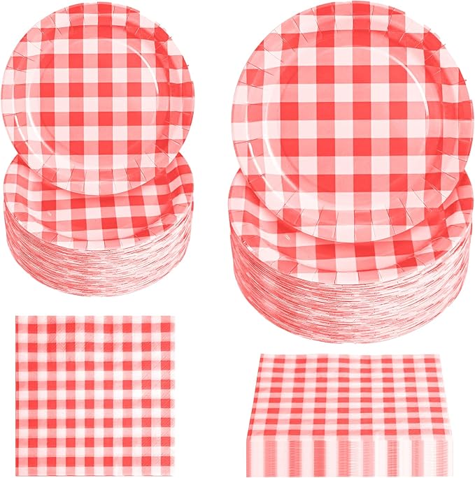 180Pcs Red Gingham Party Supplies Paper Plates and Napkins Serve 60 Disposable Tableware Set for Birthday Party Decorations Game Day Family Holiday Sports Events