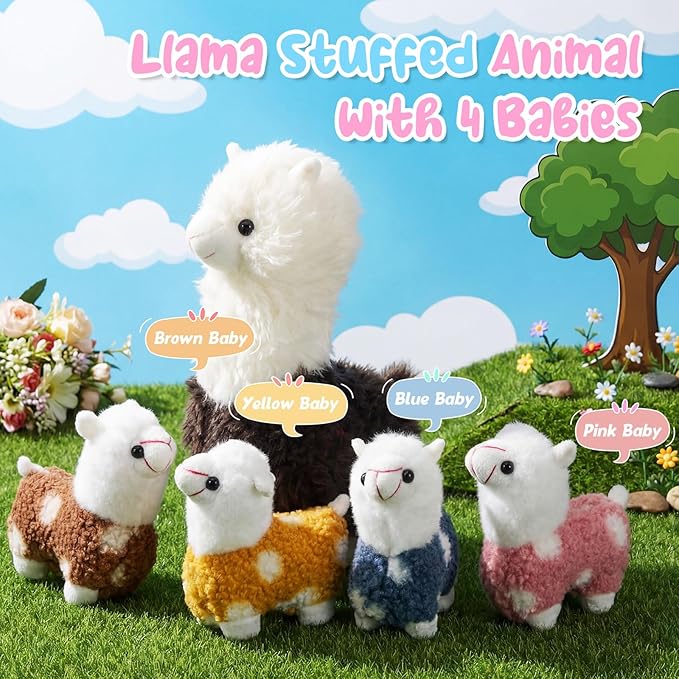 Civaner Llama Stuffed Animal with 4 Baby Llama Plushies Cute Alpaca Plush Set Soft Kawaii Alpaca Pillow for Kids Girls Easter Mother's Day Birthday Party Charity Donation Home Decor(Brown)