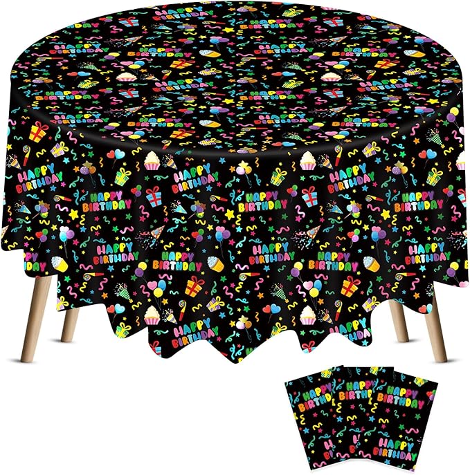 Oudain 3 Pcs Happy Birthday Tablecloth Decorations 84 Inch Plastic Disposable Round Table Covers Waterproof Colorful Balloons Confetti Tablecloth for Women Birthday Party Supplies Baby Shower(Black)