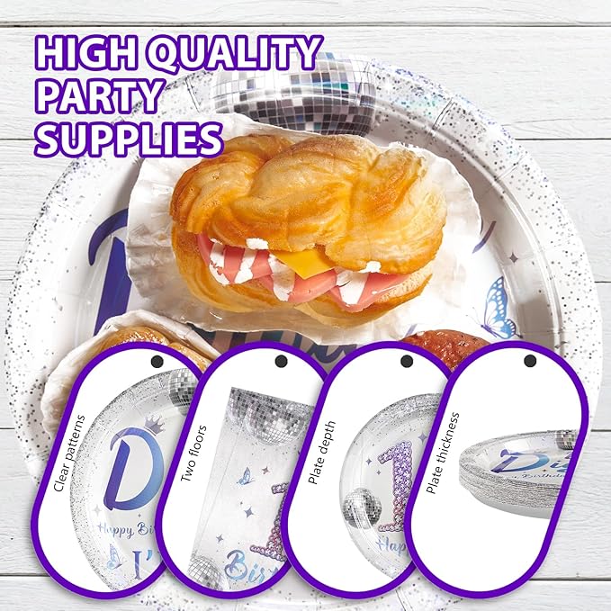 Grencian 96 Pcs Disco 10th Birthday Decorations for Girls Boys Silver Dazzle Double Digits Plates Supplies Disposable Iridescence Happy 10th Birthday Tableware Set for Kids I'm 10 Themed Party Favors
